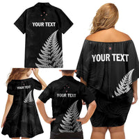 Personalised New Zealand 2025 Archery Family Matching Off Shoulder Short Dress and Hawaiian Shirt Aotearoa Silver Arrows Black LT01 - Polynesian Pride