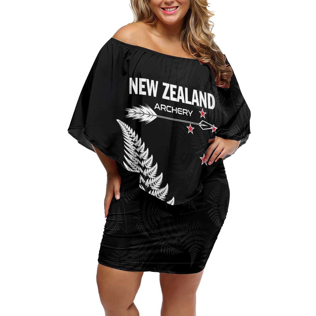 Personalised New Zealand 2025 Archery Family Matching Off Shoulder Short Dress and Hawaiian Shirt Aotearoa Silver Arrows Black LT01 Mom's Dress Black - Polynesian Pride