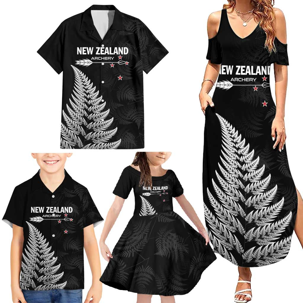 Personalised New Zealand 2025 Archery Family Matching Summer Maxi Dress and Hawaiian Shirt Aotearoa Silver Arrows Black LT01 - Polynesian Pride