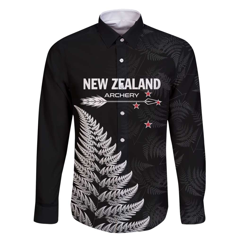 Personalised New Zealand 2025 Archery Family Matching Summer Maxi Dress and Hawaiian Shirt Aotearoa Silver Arrows Black LT01 Dad's Shirt - Long Sleeve Black - Polynesian Pride
