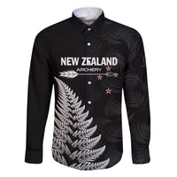 Personalised New Zealand 2025 Archery Family Matching Summer Maxi Dress and Hawaiian Shirt Aotearoa Silver Arrows Black LT01 Dad's Shirt - Long Sleeve Black - Polynesian Pride