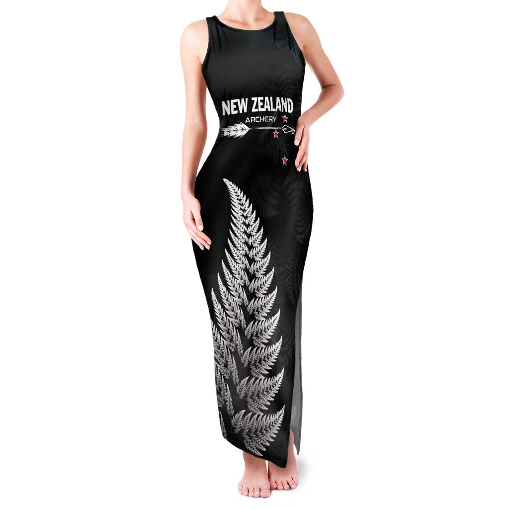Personalised New Zealand 2025 Archery Family Matching Tank Maxi Dress and Hawaiian Shirt Aotearoa Silver Arrows Black LT01 Mom's Dress Black - Polynesian Pride