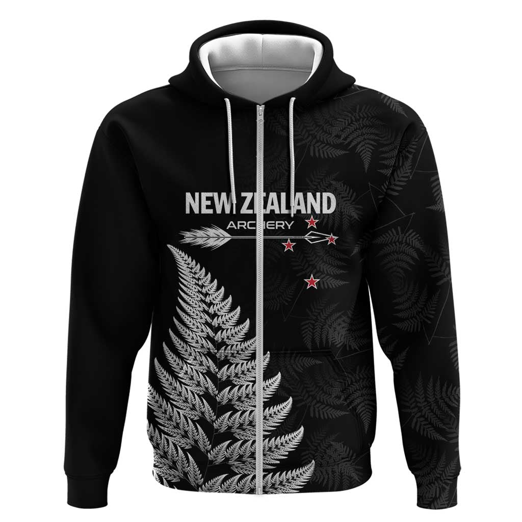 Personalised New Zealand 2025 Archery Hoodie Aotearoa Silver Arrows Black