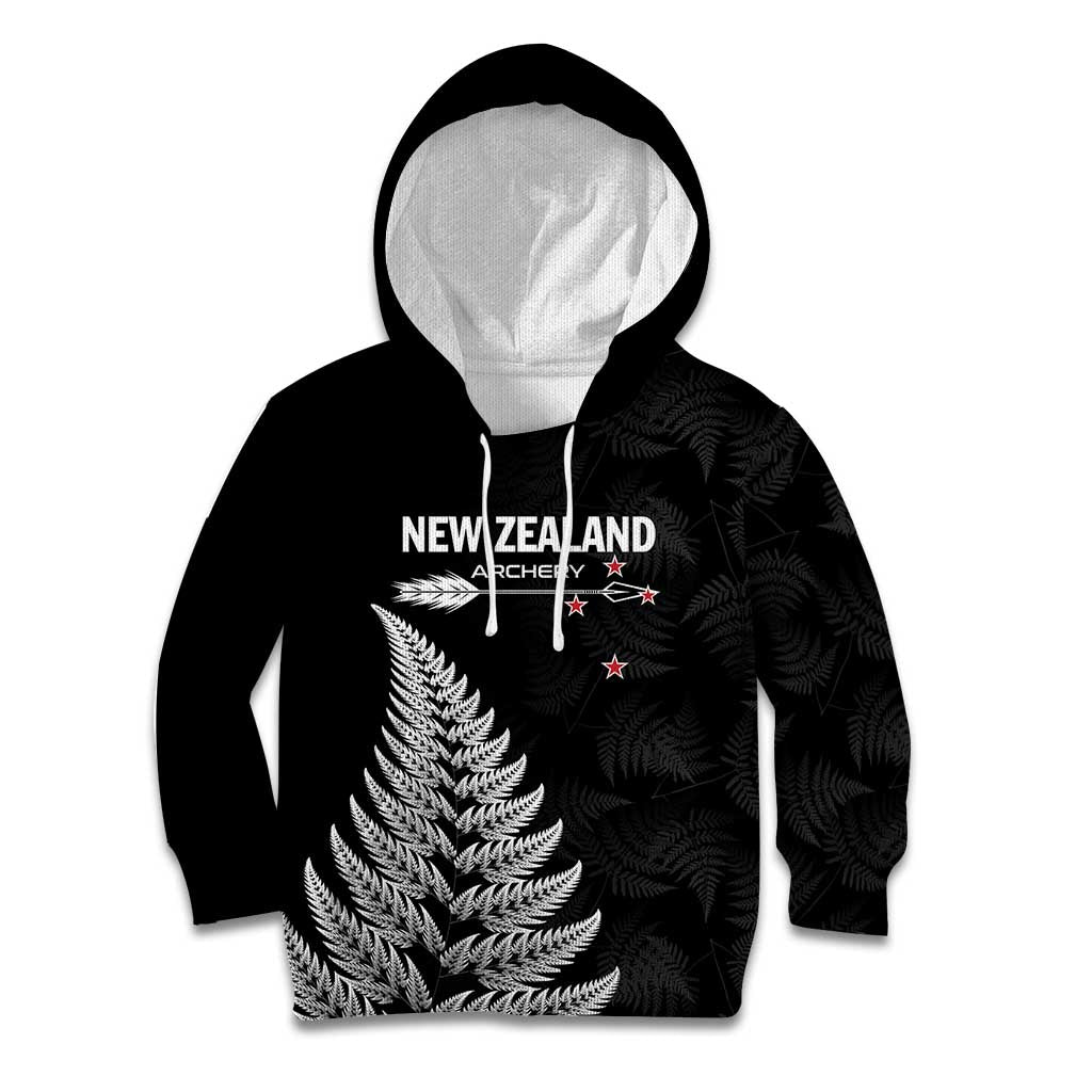 Personalised New Zealand 2025 Archery Kid Hoodie Aotearoa Silver Arrows Black LT01 Hoodie Black - Polynesian Pride