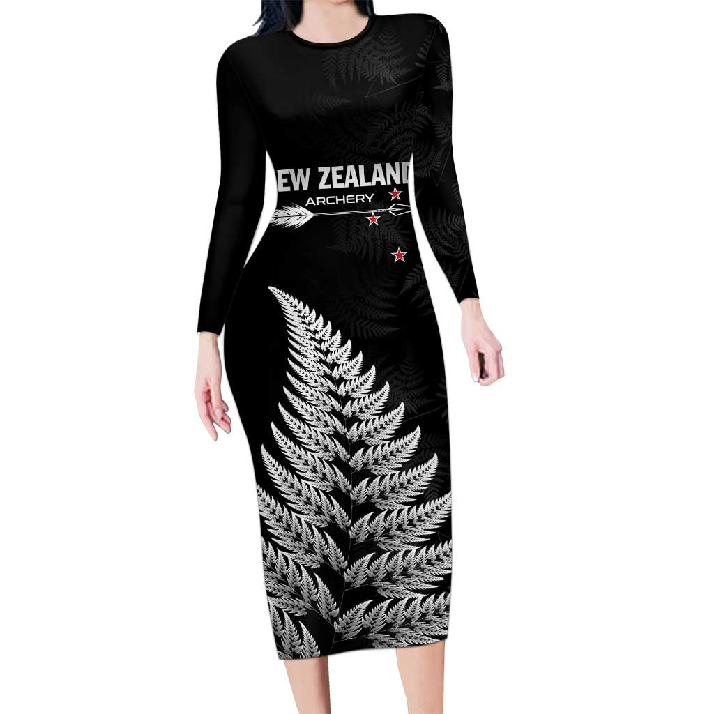 Personalised New Zealand 2025 Archery Long Sleeve Bodycon Dress Aotearoa Silver Arrows Black LT01 Long Dress Black - Polynesian Pride