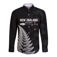 Personalised New Zealand 2025 Archery Long Sleeve Button Shirt Aotearoa Silver Arrows Black