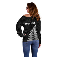 Personalised New Zealand 2025 Archery Off Shoulder Sweater Aotearoa Silver Arrows Black