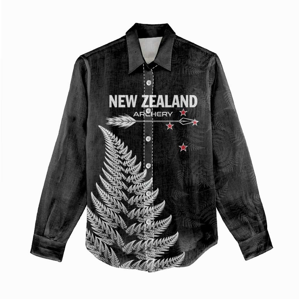 Personalised New Zealand 2025 Archery Women Casual Shirt Aotearoa Silver Arrows Black