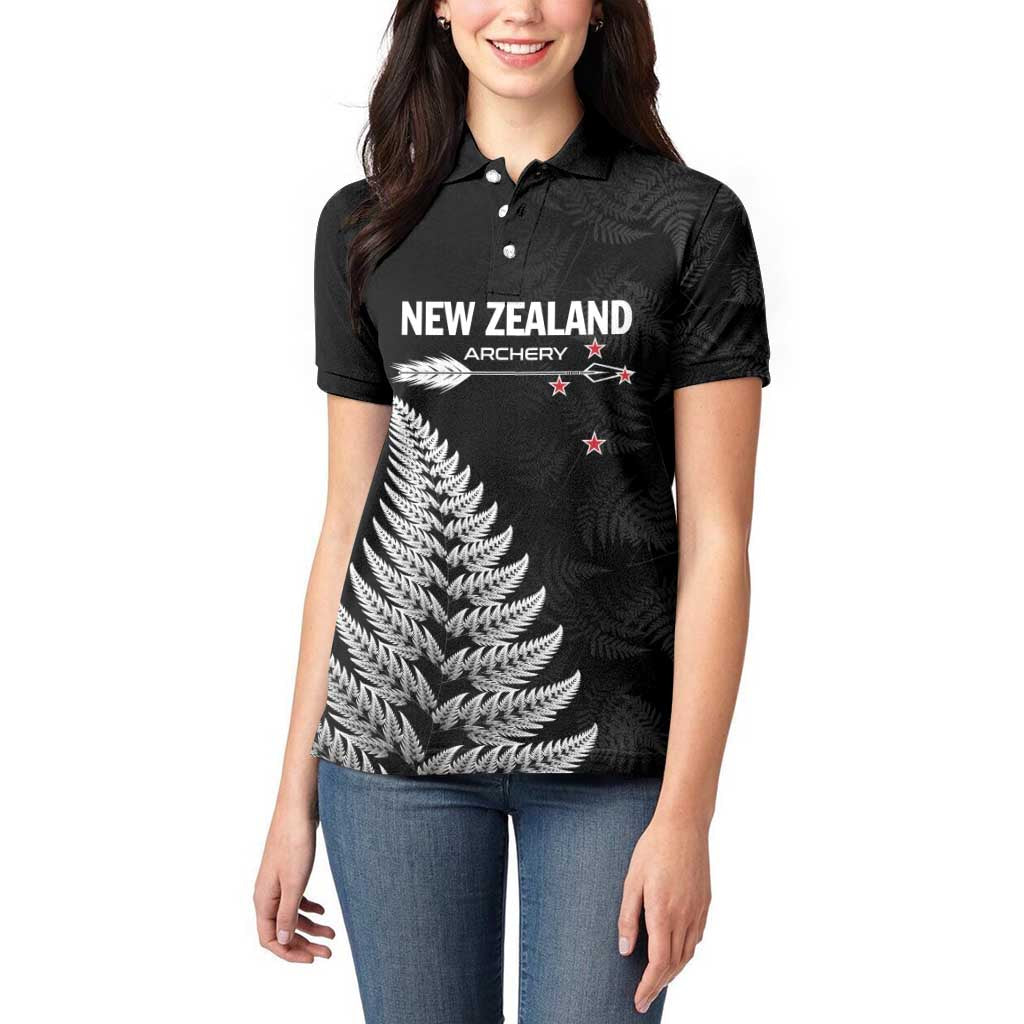 Personalised New Zealand 2025 Archery Women Polo Shirt Aotearoa Silver Arrows Black LT01 - Polynesian Pride