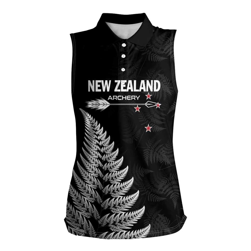Personalised New Zealand 2025 Archery Women Sleeveless Polo Shirt Aotearoa Silver Arrows Black LT01 Female Black - Polynesian Pride