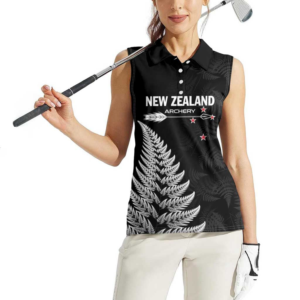 Personalised New Zealand 2025 Archery Women Sleeveless Polo Shirt Aotearoa Silver Arrows Black LT01 - Polynesian Pride
