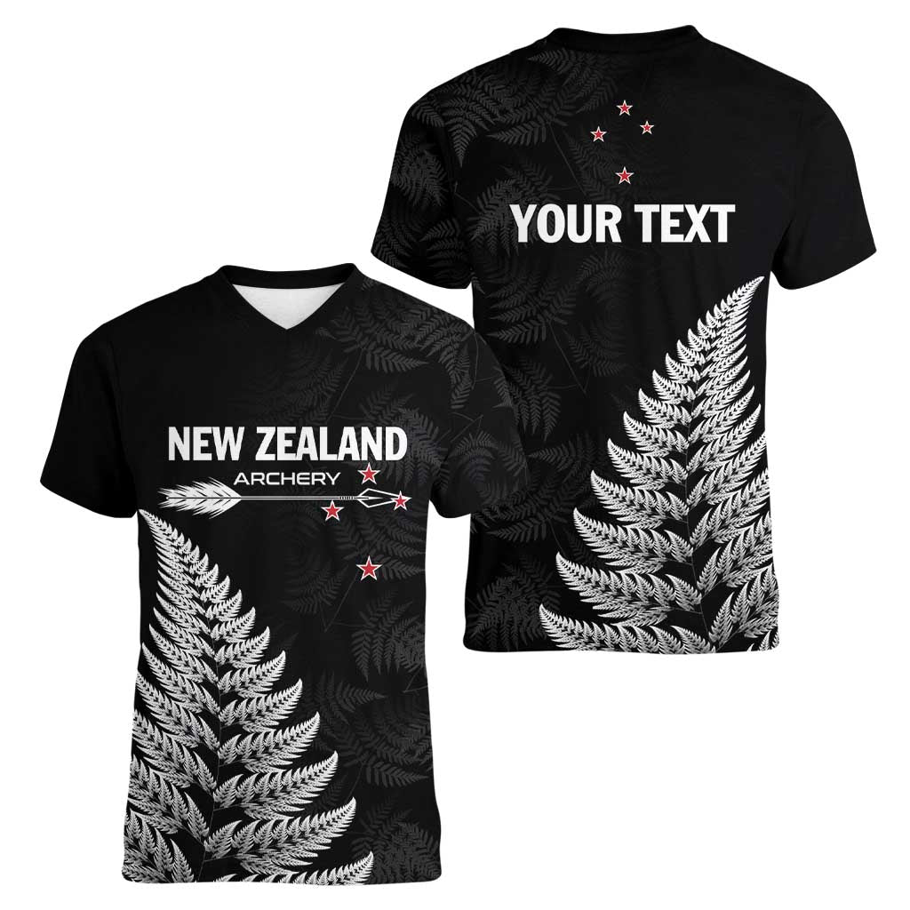 Personalised New Zealand 2025 Archery Women V-Neck T-Shirt Aotearoa Silver Arrows Black LT01 - Polynesian Pride