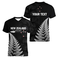 Personalised New Zealand 2025 Archery Women V-Neck T-Shirt Aotearoa Silver Arrows Black LT01 - Polynesian Pride