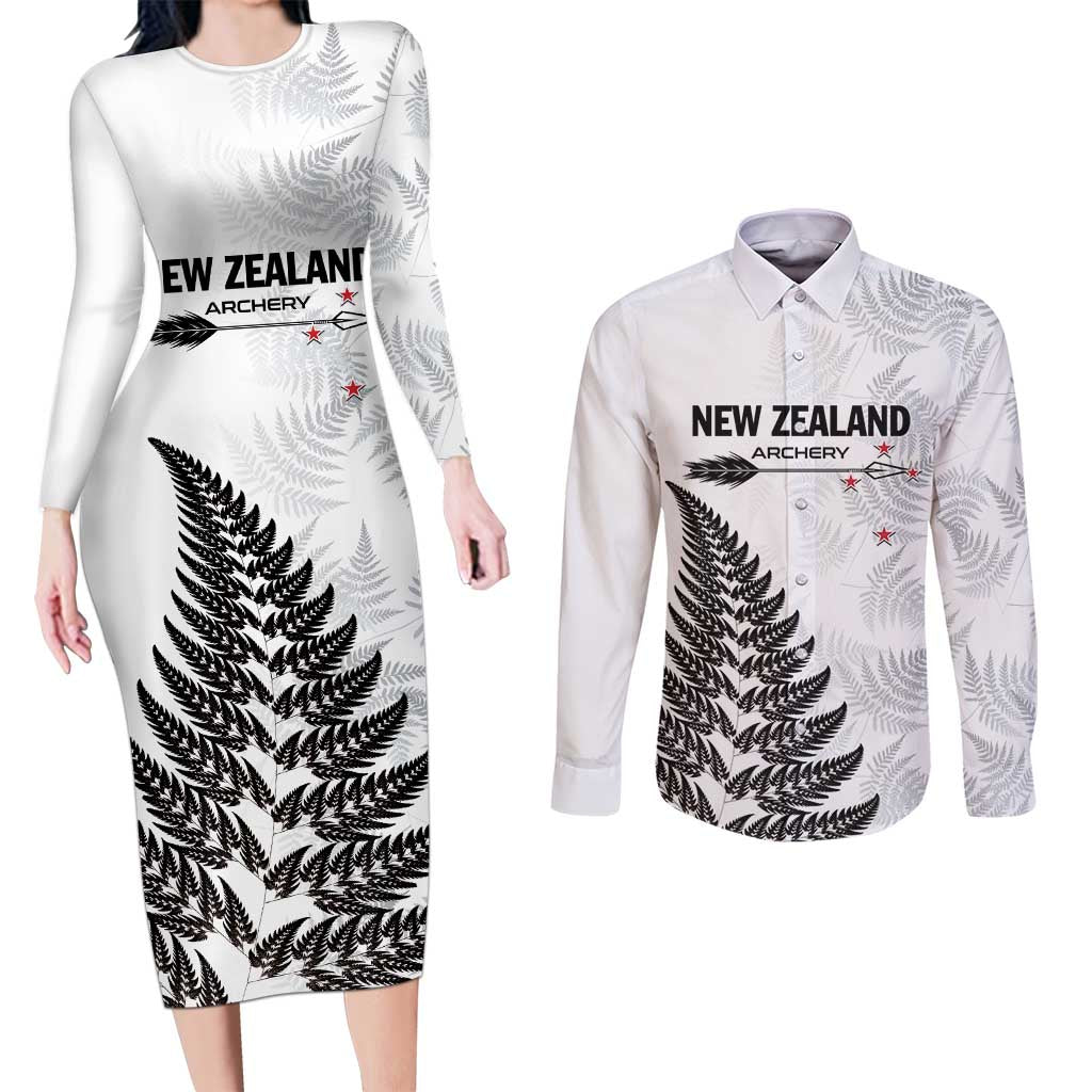 Personalised New Zealand 2025 Archery Couples Matching Long Sleeve Bodycon Dress and Long Sleeve Button Shirt Aotearoa Silver Arrows White
