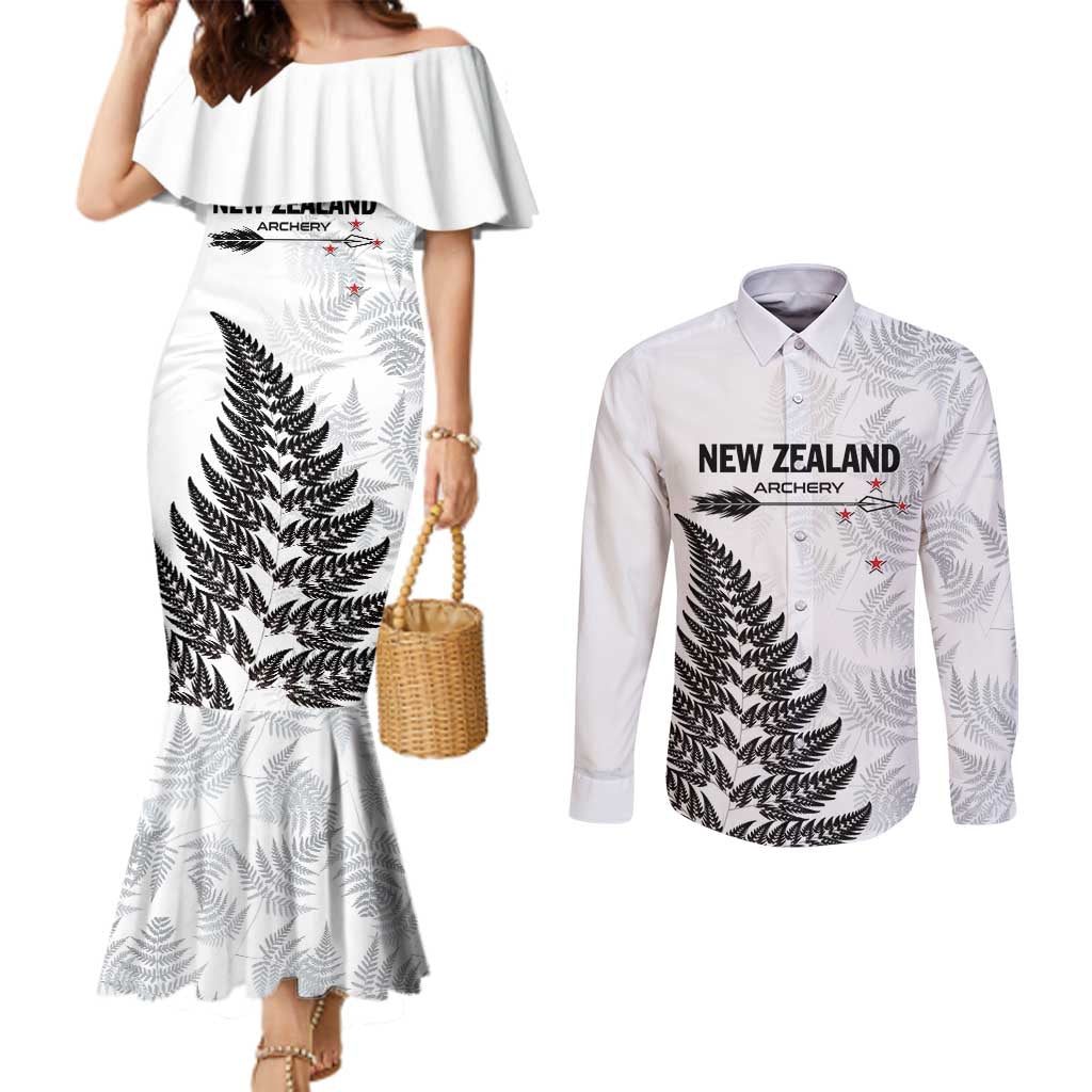 Personalised New Zealand 2025 Archery Couples Matching Mermaid Dress and Long Sleeve Button Shirt Aotearoa Silver Arrows White LT01 White - Polynesian Pride