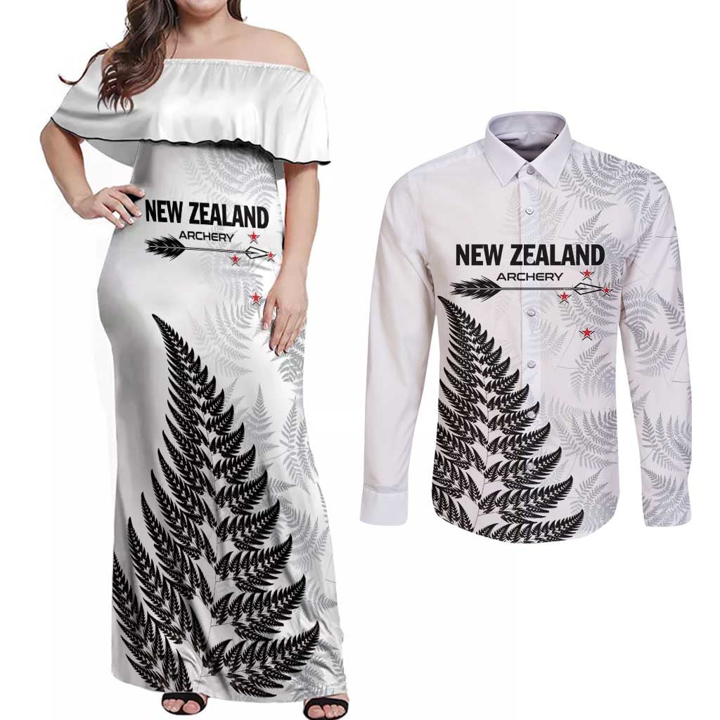 Personalised New Zealand 2025 Archery Couples Matching Off Shoulder Maxi Dress and Long Sleeve Button Shirt Aotearoa Silver Arrows White LT01 White - Polynesian Pride