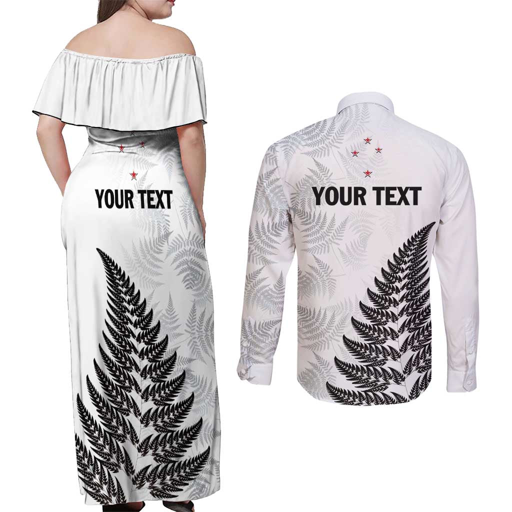 Personalised New Zealand 2025 Archery Couples Matching Off Shoulder Maxi Dress and Long Sleeve Button Shirt Aotearoa Silver Arrows White LT01 - Polynesian Pride