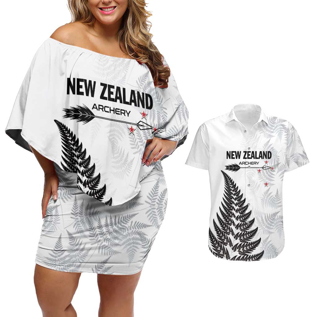 Personalised New Zealand 2025 Archery Couples Matching Off Shoulder Short Dress and Hawaiian Shirt Aotearoa Silver Arrows White LT01 White - Polynesian Pride