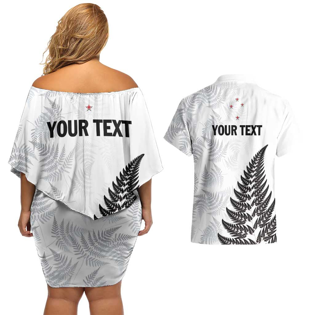 Personalised New Zealand 2025 Archery Couples Matching Off Shoulder Short Dress and Hawaiian Shirt Aotearoa Silver Arrows White LT01 - Polynesian Pride