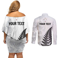 Personalised New Zealand 2025 Archery Couples Matching Off Shoulder Short Dress and Long Sleeve Button Shirt Aotearoa Silver Arrows White LT01 - Polynesian Pride