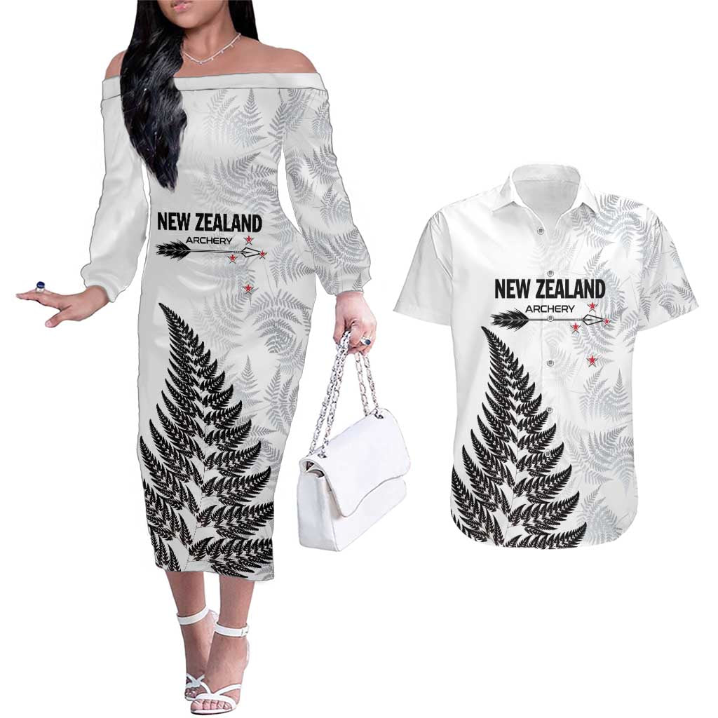Personalised New Zealand 2025 Archery Couples Matching Off The Shoulder Long Sleeve Dress and Hawaiian Shirt Aotearoa Silver Arrows White LT01 White - Polynesian Pride