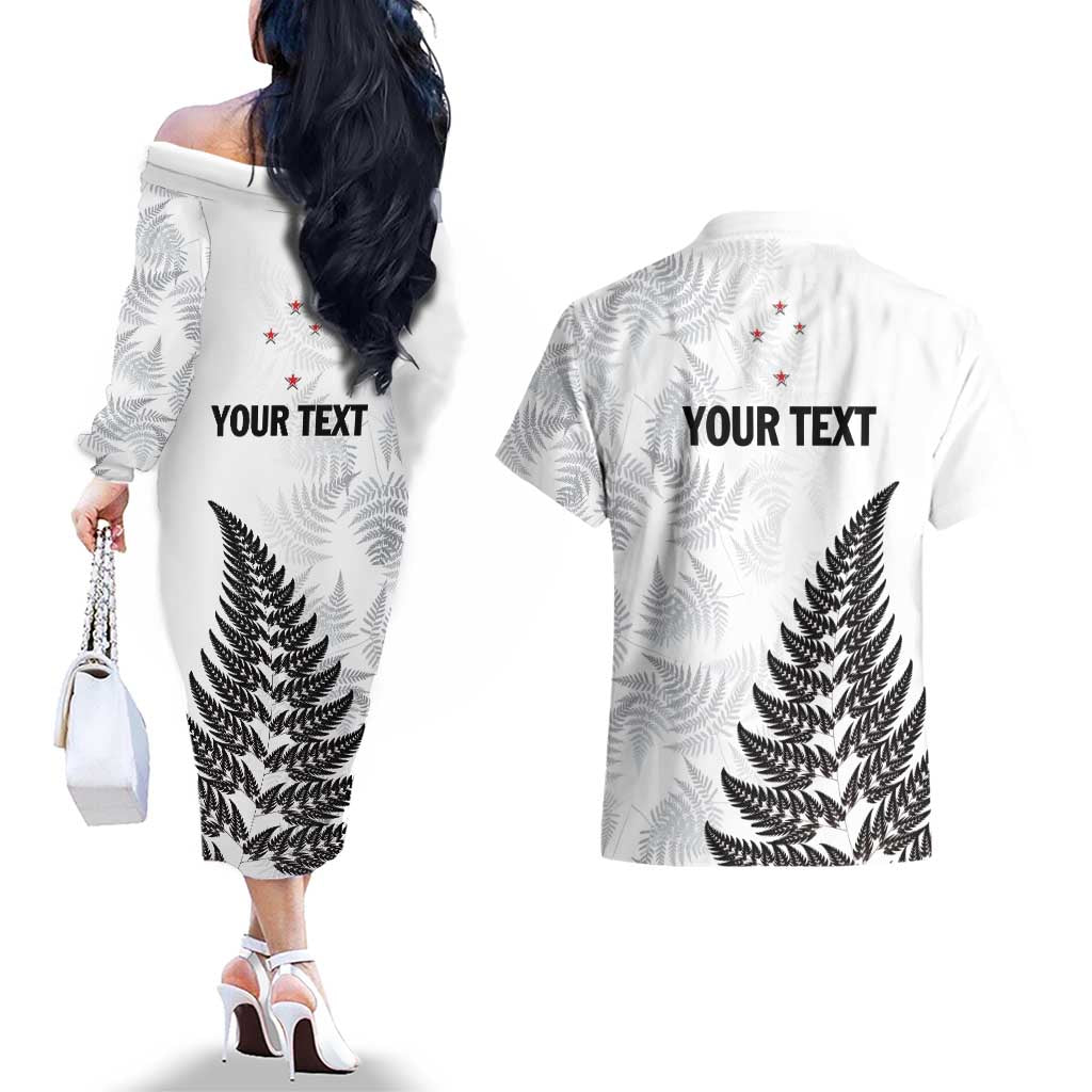Personalised New Zealand 2025 Archery Couples Matching Off The Shoulder Long Sleeve Dress and Hawaiian Shirt Aotearoa Silver Arrows White LT01 - Polynesian Pride
