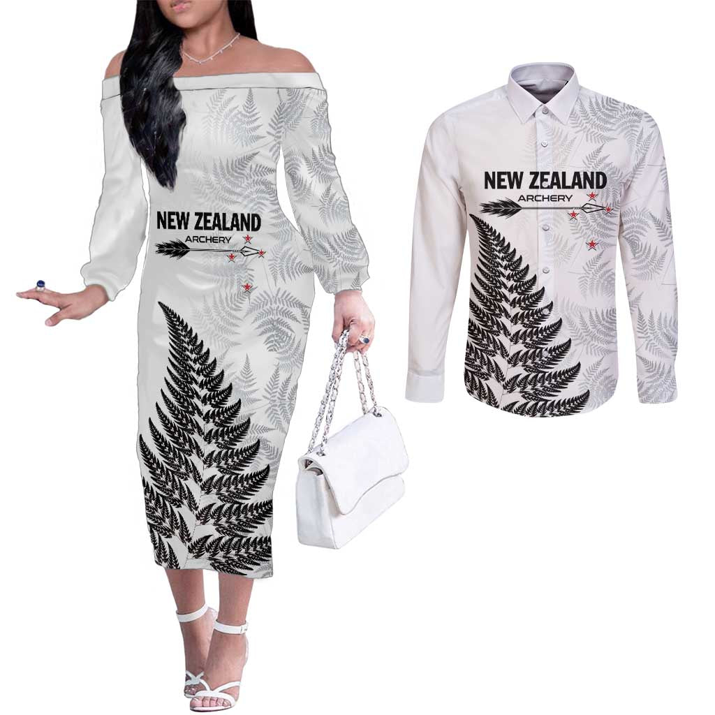 Personalised New Zealand 2025 Archery Couples Matching Off The Shoulder Long Sleeve Dress and Long Sleeve Button Shirt Aotearoa Silver Arrows White LT01 White - Polynesian Pride