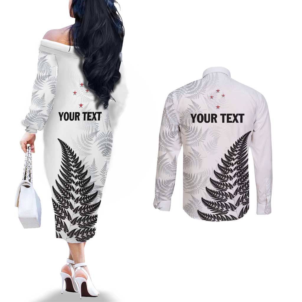 Personalised New Zealand 2025 Archery Couples Matching Off The Shoulder Long Sleeve Dress and Long Sleeve Button Shirt Aotearoa Silver Arrows White LT01 - Polynesian Pride