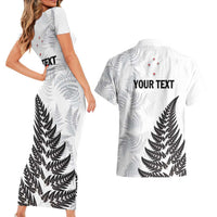 Personalised New Zealand 2025 Archery Couples Matching Short Sleeve Bodycon Dress and Hawaiian Shirt Aotearoa Silver Arrows White LT01 - Polynesian Pride
