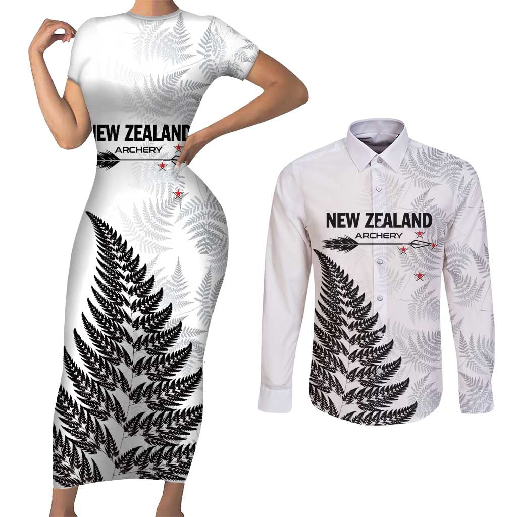 Personalised New Zealand 2025 Archery Couples Matching Short Sleeve Bodycon Dress and Long Sleeve Button Shirt Aotearoa Silver Arrows White LT01 White - Polynesian Pride