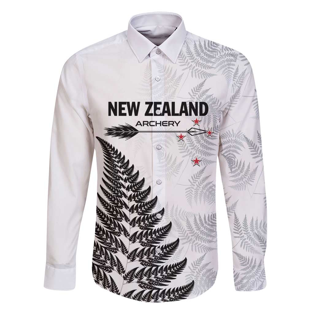 Personalised New Zealand 2025 Archery Family Matching Off Shoulder Short Dress and Hawaiian Shirt Aotearoa Silver Arrows White LT01 Dad's Shirt - Long Sleeve White - Polynesian Pride
