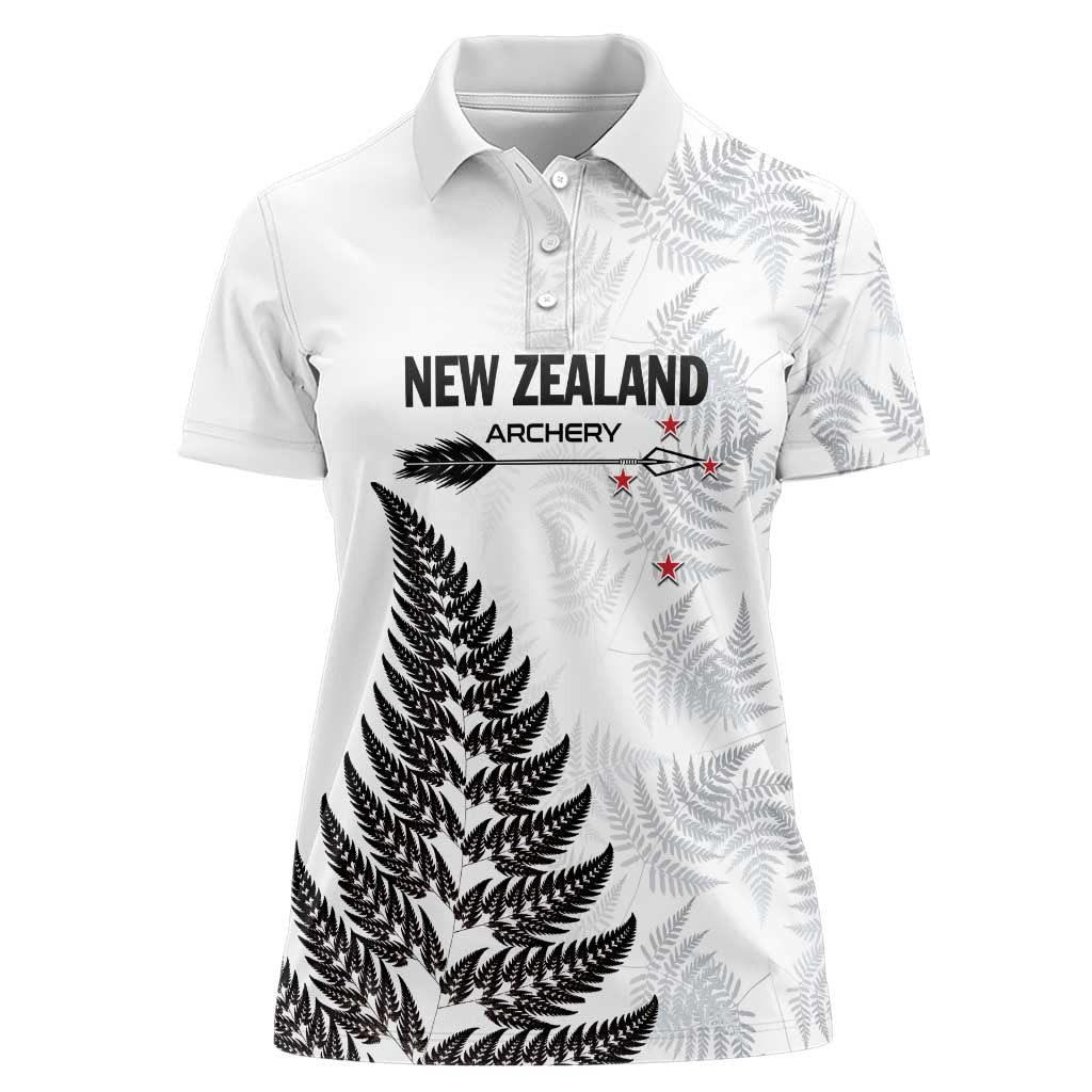 Personalised New Zealand 2025 Archery Women Polo Shirt Aotearoa Silver Arrows White LT01 Female White - Polynesian Pride