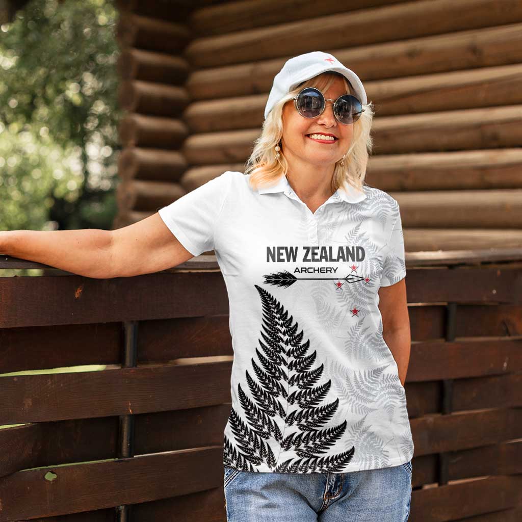 Personalised New Zealand 2025 Archery Women Polo Shirt Aotearoa Silver Arrows White LT01 - Polynesian Pride