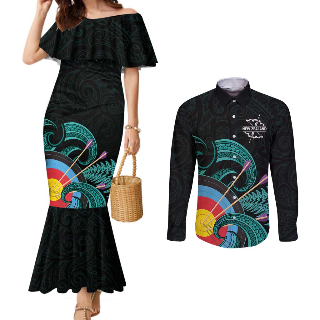 Personalised New Zealand Archery Couples Matching Mermaid Dress and Long Sleeve Button Shirt Turquoise Maori Silver Fern LT01 Turquoise - Polynesian Pride