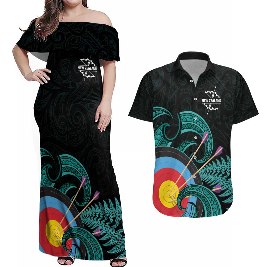 Personalised New Zealand Archery Couples Matching Off Shoulder Maxi Dress and Hawaiian Shirt Turquoise Maori Silver Fern LT01 Turquoise - Polynesian Pride
