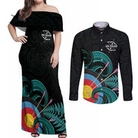 Personalised New Zealand Archery Couples Matching Off Shoulder Maxi Dress and Long Sleeve Button Shirt Turquoise Maori Silver Fern LT01 Turquoise - Polynesian Pride