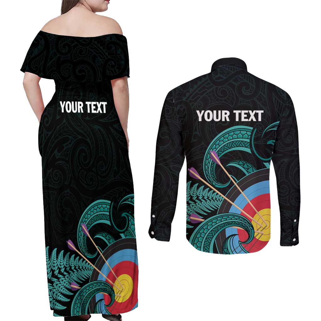 Personalised New Zealand Archery Couples Matching Off Shoulder Maxi Dress and Long Sleeve Button Shirt Turquoise Maori Silver Fern LT01 - Polynesian Pride