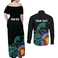 Personalised New Zealand Archery Couples Matching Off Shoulder Maxi Dress and Long Sleeve Button Shirt Turquoise Maori Silver Fern LT01 - Polynesian Pride