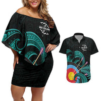 Personalised New Zealand Archery Couples Matching Off Shoulder Short Dress and Hawaiian Shirt Turquoise Maori Silver Fern LT01 Turquoise - Polynesian Pride