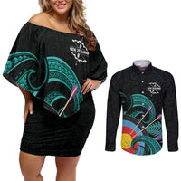 Personalised New Zealand Archery Couples Matching Off Shoulder Short Dress and Long Sleeve Button Shirt Turquoise Maori Silver Fern LT01 Turquoise - Polynesian Pride