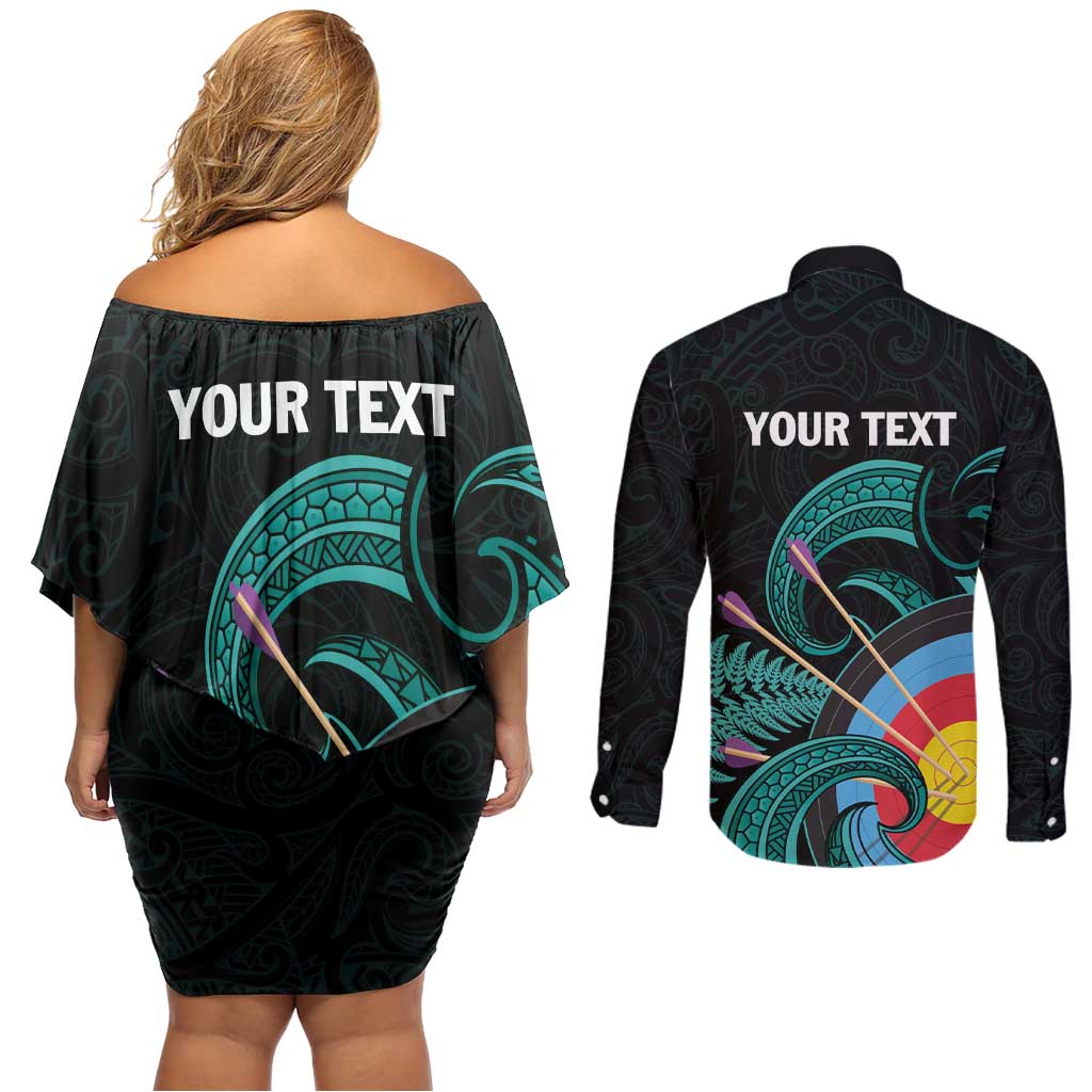 Personalised New Zealand Archery Couples Matching Off Shoulder Short Dress and Long Sleeve Button Shirt Turquoise Maori Silver Fern LT01 - Polynesian Pride