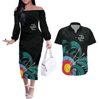 Personalised New Zealand Archery Couples Matching Off The Shoulder Long Sleeve Dress and Hawaiian Shirt Turquoise Maori Silver Fern LT01 Turquoise - Polynesian Pride