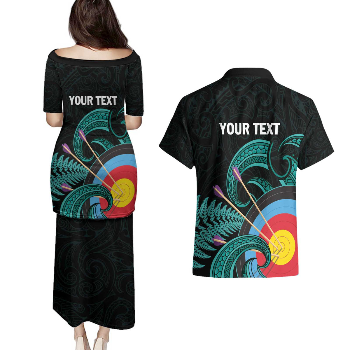 Personalised New Zealand Archery Couples Matching Puletasi and Hawaiian Shirt Turquoise Maori Silver Fern LT01 - Polynesian Pride