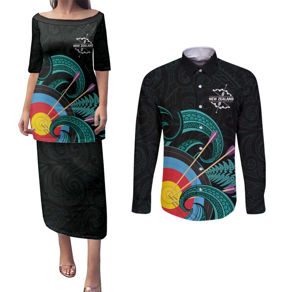 Personalised New Zealand Archery Couples Matching Puletasi and Long Sleeve Button Shirt Turquoise Maori Silver Fern LT01 Turquoise - Polynesian Pride