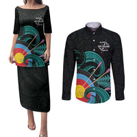 Personalised New Zealand Archery Couples Matching Puletasi and Long Sleeve Button Shirt Turquoise Maori Silver Fern LT01 Turquoise - Polynesian Pride