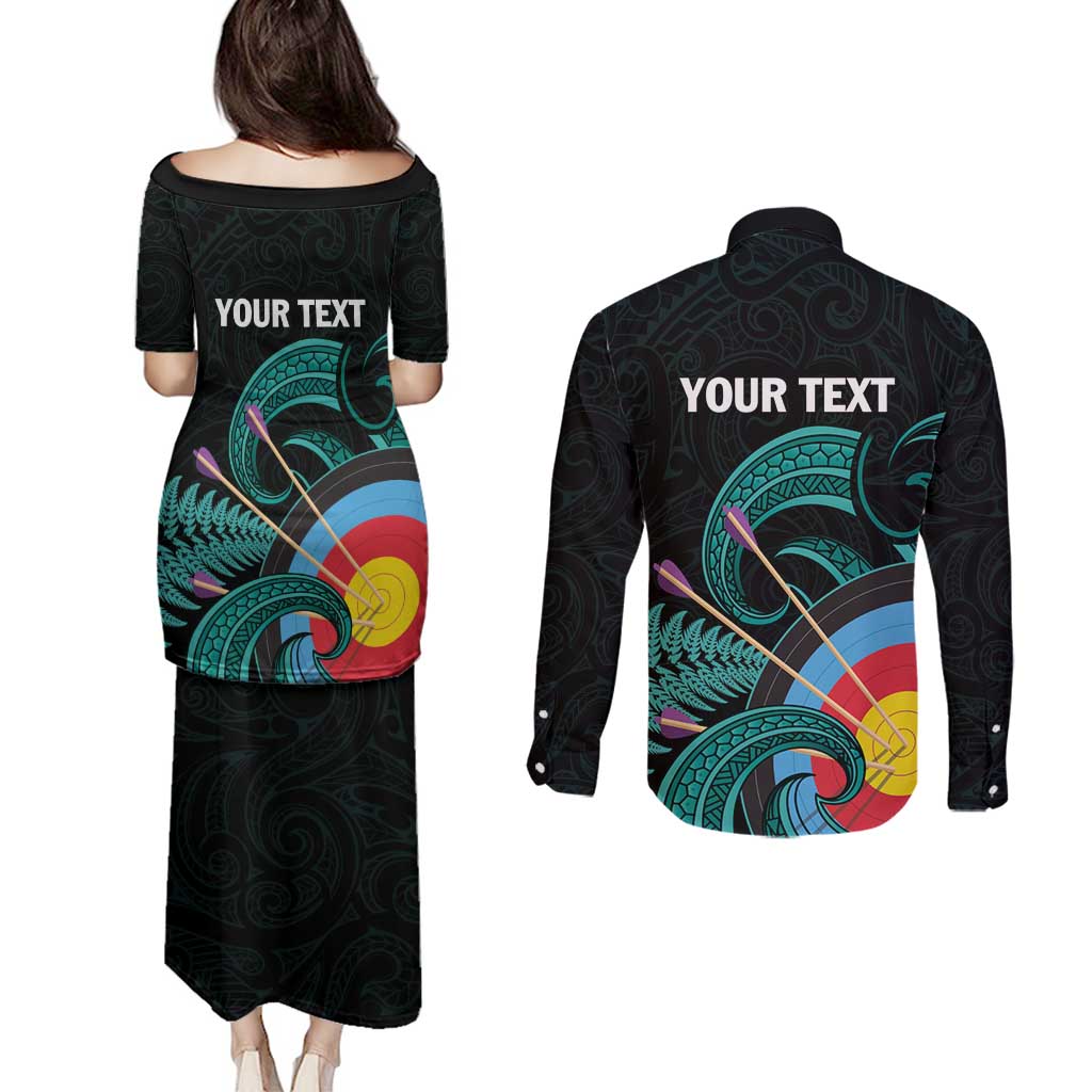 Personalised New Zealand Archery Couples Matching Puletasi and Long Sleeve Button Shirt Turquoise Maori Silver Fern LT01 - Polynesian Pride