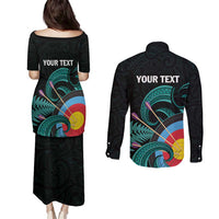 Personalised New Zealand Archery Couples Matching Puletasi and Long Sleeve Button Shirt Turquoise Maori Silver Fern LT01 - Polynesian Pride