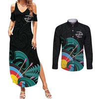 Personalised New Zealand Archery Couples Matching Summer Maxi Dress and Long Sleeve Button Shirt Turquoise Maori Silver Fern LT01 Turquoise - Polynesian Pride