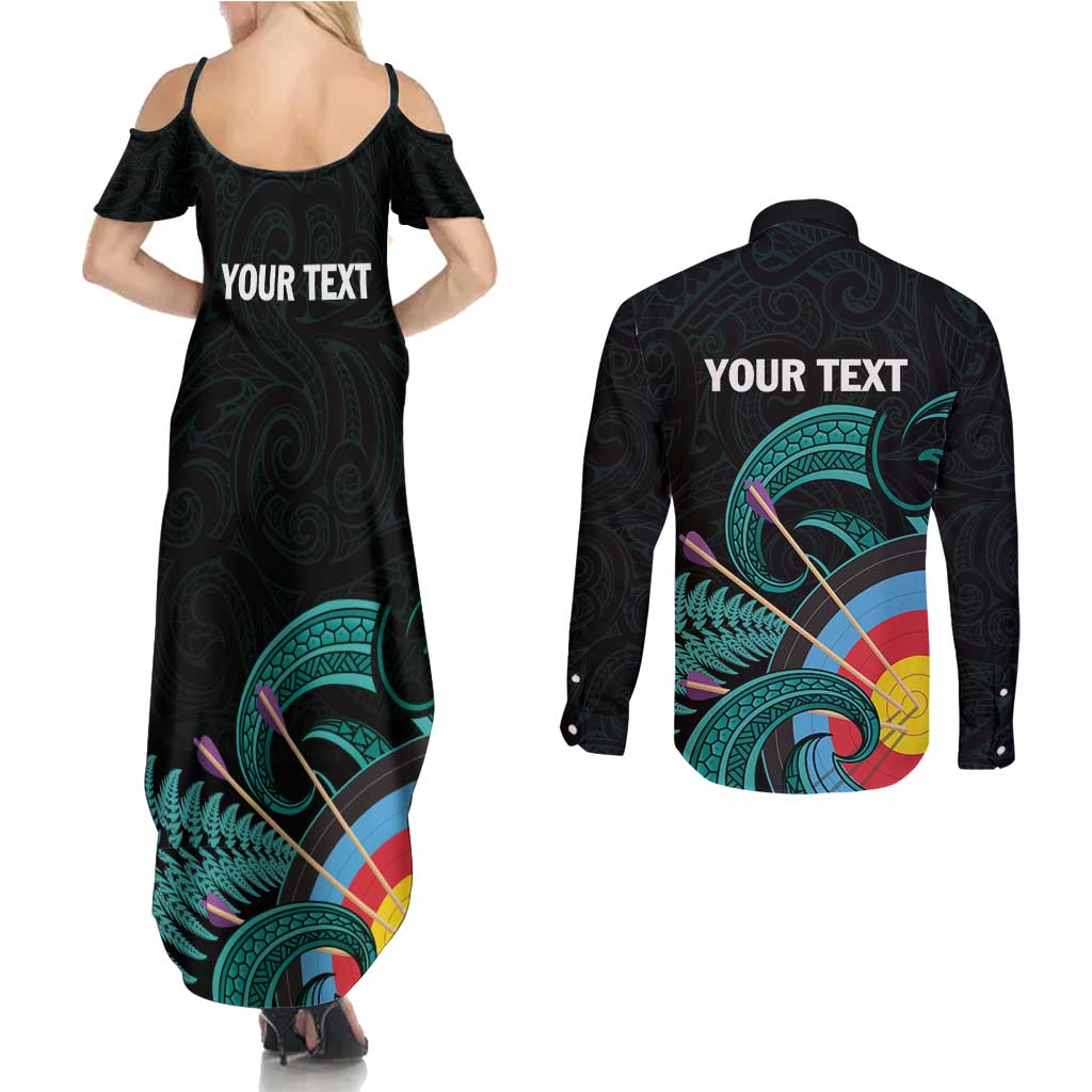 Personalised New Zealand Archery Couples Matching Summer Maxi Dress and Long Sleeve Button Shirt Turquoise Maori Silver Fern LT01 - Polynesian Pride