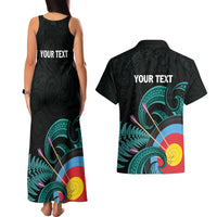 Personalised New Zealand Archery Couples Matching Tank Maxi Dress and Hawaiian Shirt Turquoise Maori Silver Fern LT01 - Polynesian Pride